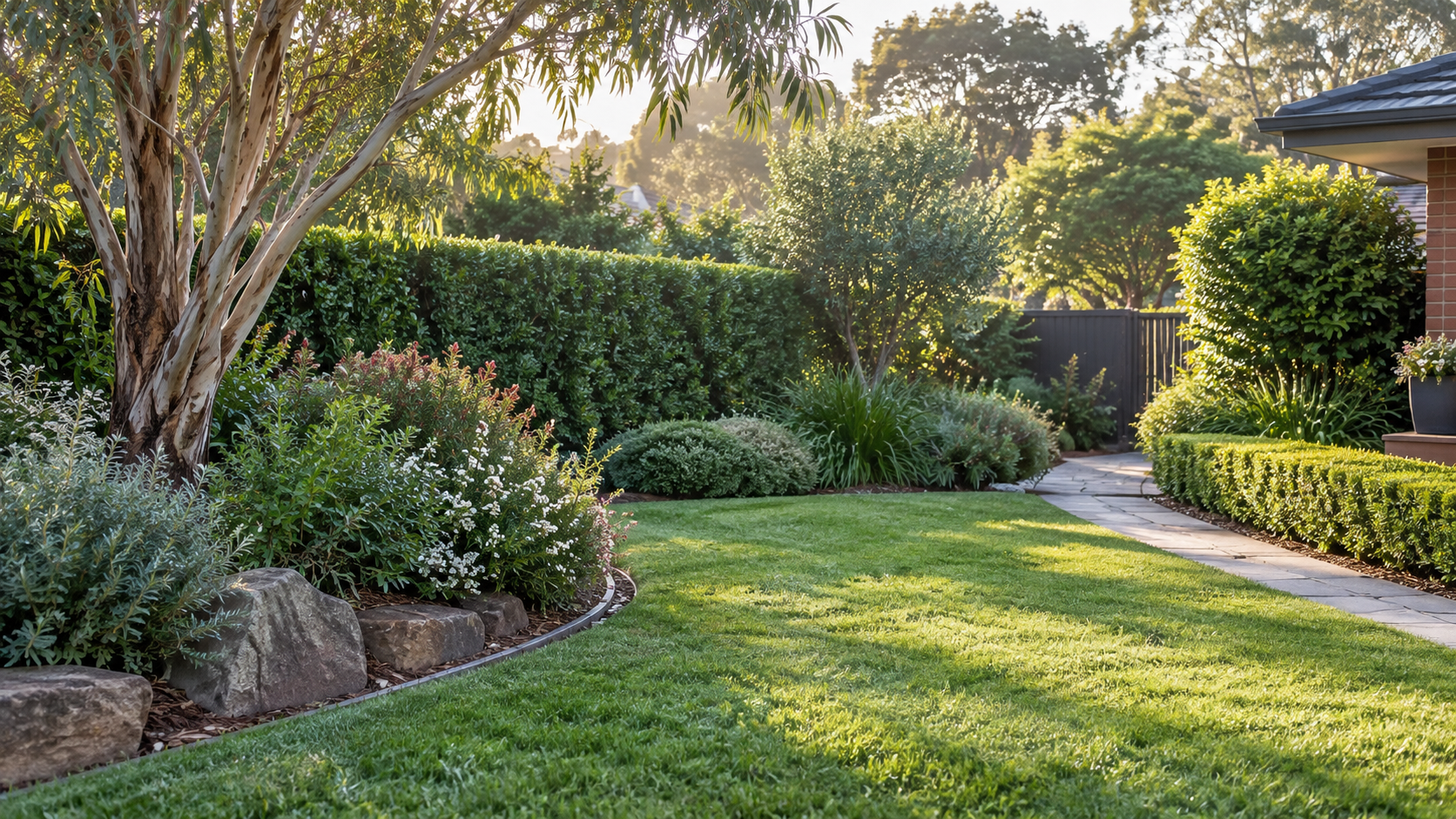 A tidy suburban garden with a freshly edged lawn, established hedges and native planting